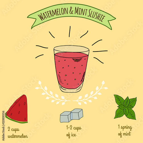 Hand drawn sketch illustration. Recipe and ingredients of healthy and energy drink for restaurant or cafe. Vegan Detox drinks. Gluten free drinks. Vegetarian Smoothie Recipe. Hydration Juice. 