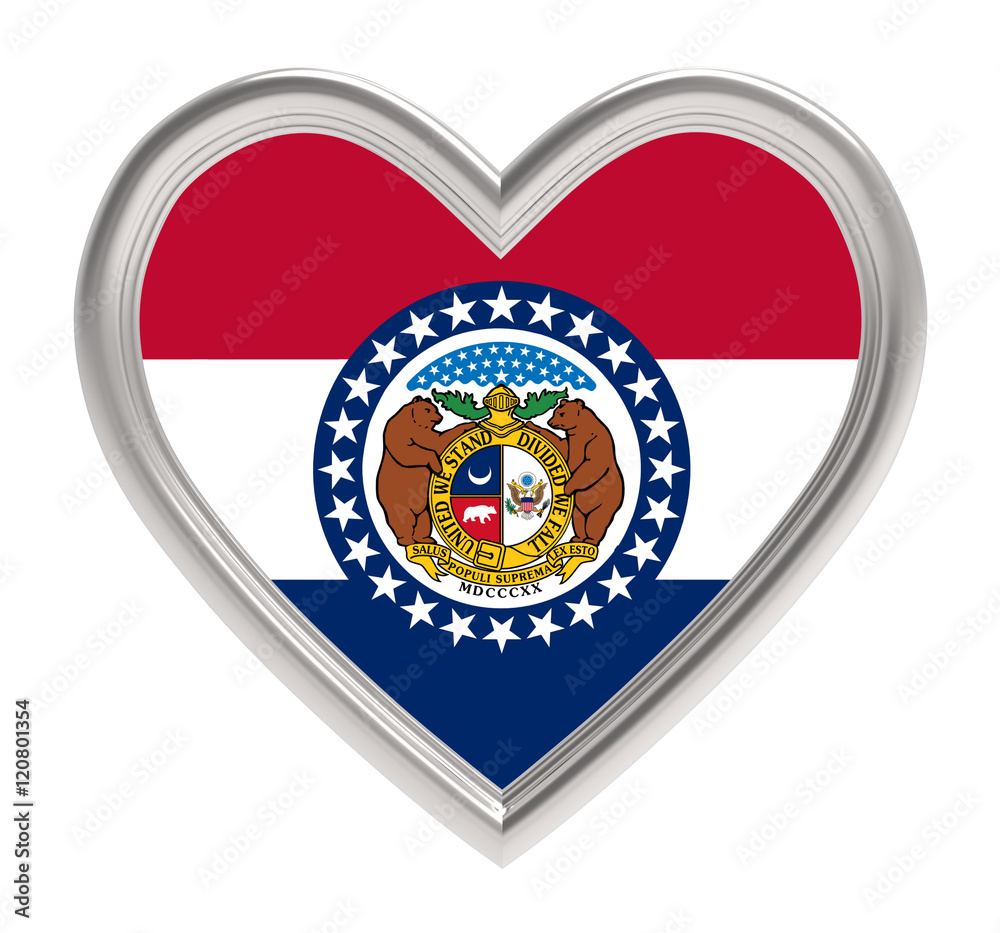 Missouri flag in silver heart isolated on white background. 3D illustration. Missouri flag in silver heart isolated on white background. 3D illustration.