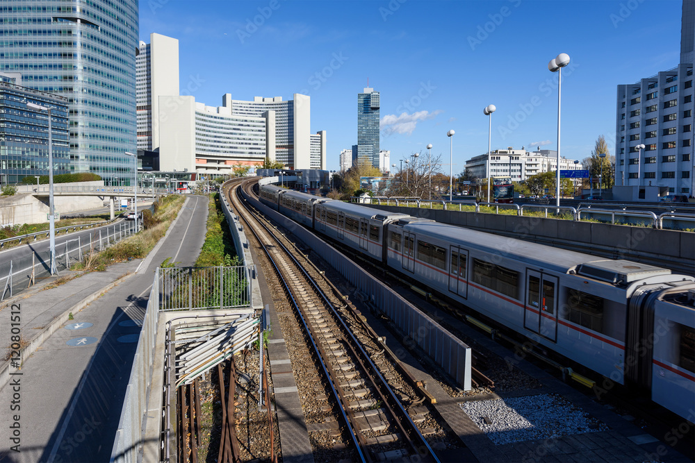 View on railroad, train and financial district in Vienna