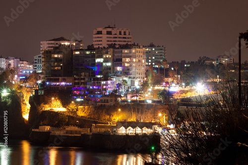 View of the old harbor at night in the historic area of Kaleici. Antalya, Turkey.
