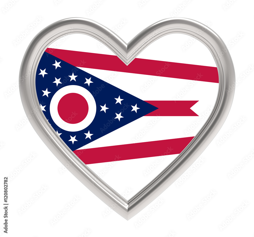 Ohio flag in silver heart isolated on white background. 3D illustration. Ohio flag in silver heart isolated on white background. 3D illustration.