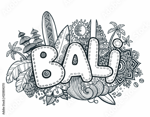 Black vector Bali sign on hand drawn doodle style symbols of island - temples, flowers, palms, waves and surfing boards