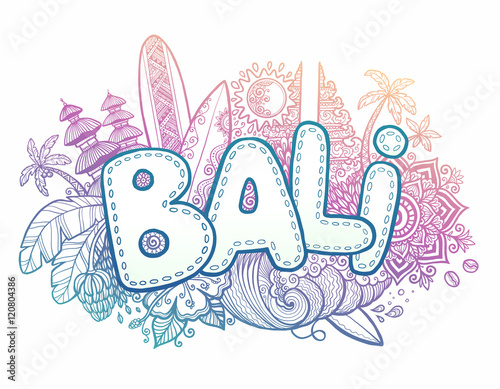 Blue and pink colors vector Bali sign on hand drawn doodle style symbols of island - temples, flowers, palms, waves surfing boards