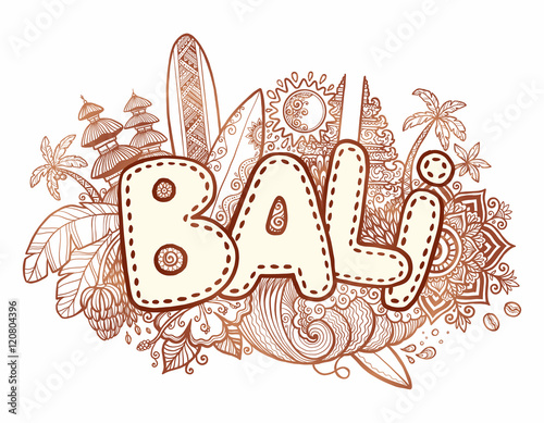 Henna colors vector Bali sign on hand drawn doodle style symbols of island - temples, flowers, palms, waves and surfing boards