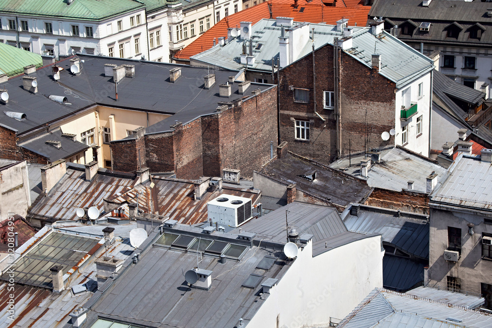 Fototapeta premium Aerial view of the roofs of houses in the historic part of Krakow. Poland.