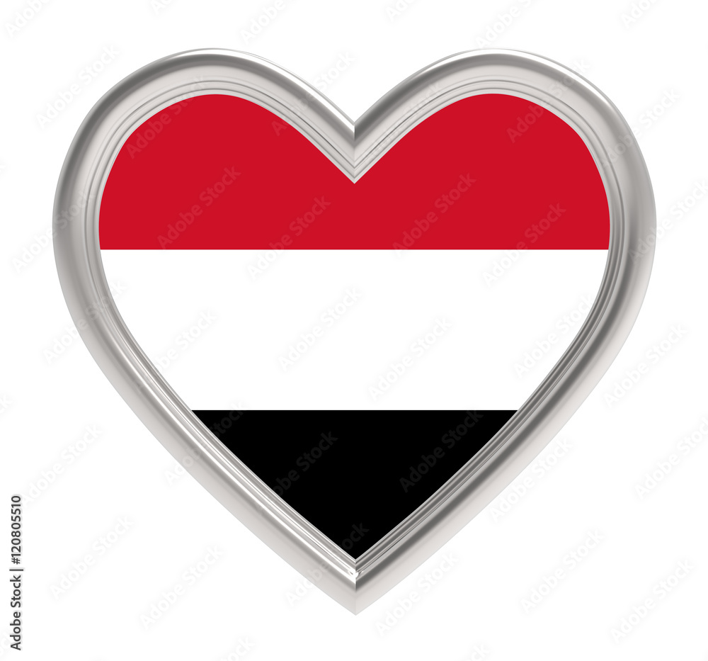 Yemen flag in silver heart isolated on white background. 3D illustration. Yemen flag in silver heart isolated on white background. 3D illustration.