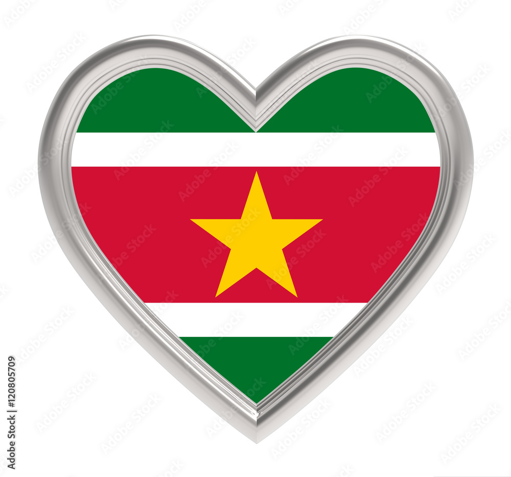 Surinamese flag in silver heart isolated on white background. 3D illustration. Surinamese flag in silver heart isolated on white background. 3D illustration.