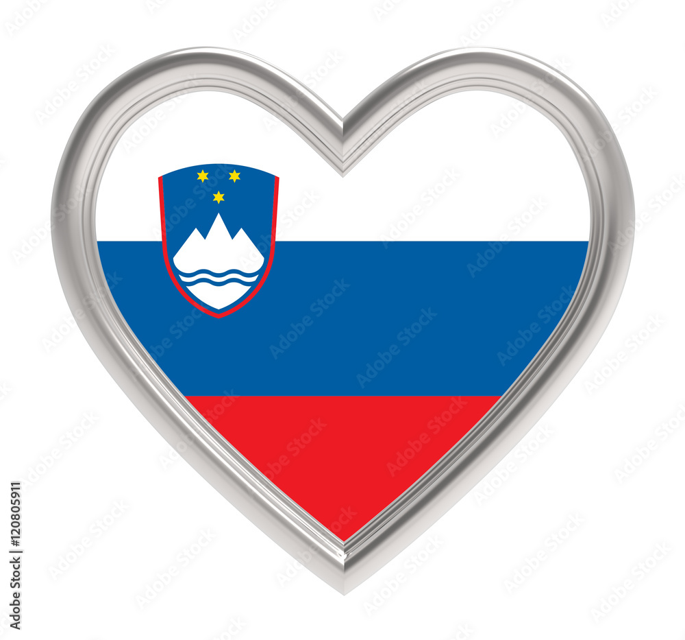 Slovenian flag in silver heart isolated on white background. 3D illustration. Slovenian flag in silver heart isolated on white background. 3D illustration.