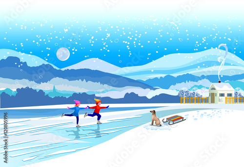 Ice skating boy and girl. Vector of winter landscape.