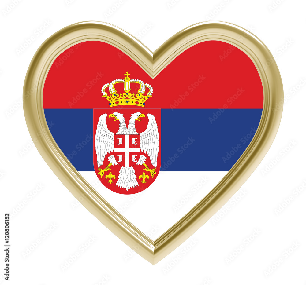 Obraz premium Serbian flag in golden heart isolated on white background. 3D illustration.