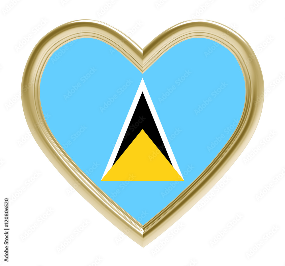 Saint Lucia flag in golden heart isolated on white background. 3D illustration. Saint Lucia flag in golden heart isolated on white background. 3D illustration.