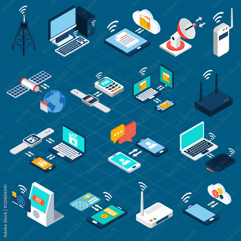 Wireless technologies isometric icons Wireless technologies isometric icons