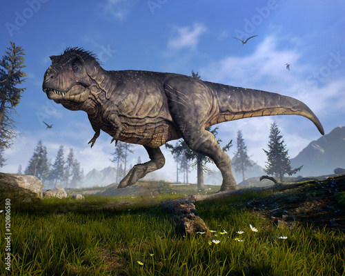 3D rendering of Tyrannosaurus Rex scouting for prey in prehistoric Hell Creek. © Herschel Hoffmeyer