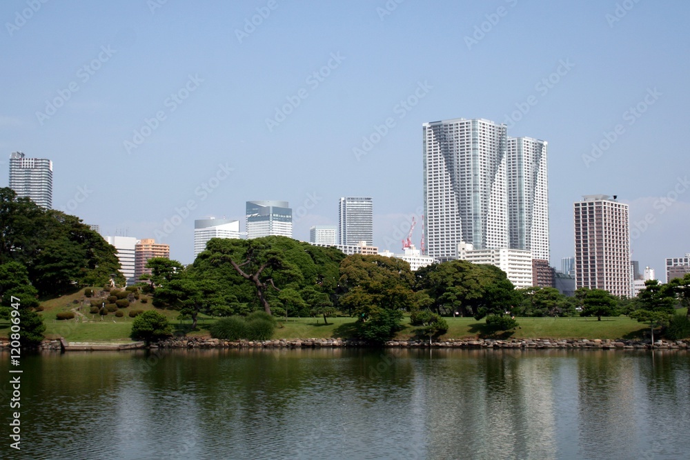 Traditional japanese garden and Tokyo skyline