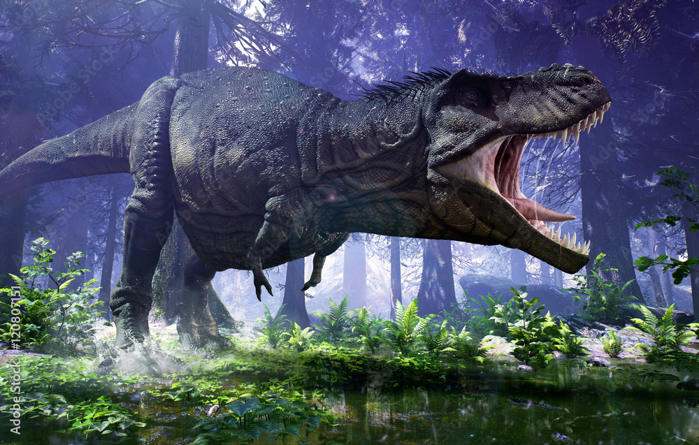Fototapeta 3D rendering Tyrannosaurus Rex tupiąc przez mokradła Hell Creek.