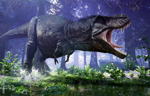 Fototapeta 3D rendering Tyrannosaurus Rex tupiąc przez mokradła Hell Creek.
