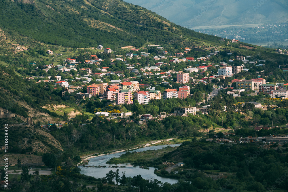 View Of Mtskheta Georgia. Uptown, Residential Area On Green Hillside