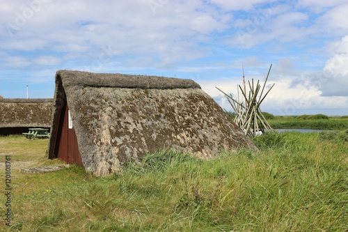 Old fisher hut with thatched roof in Denmark, Europe. In the town Nymindegab, next to west coast and the Ringkobing Fjord. photo