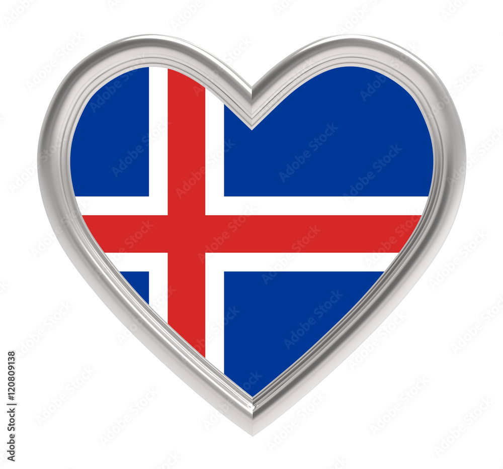 Fototapeta premium Iceland flag in silver heart isolated on white background. 3D illustration.