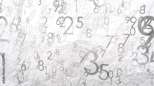Numbers abstract background, 3D motion. White crumpled paper background. Loop seamless background.