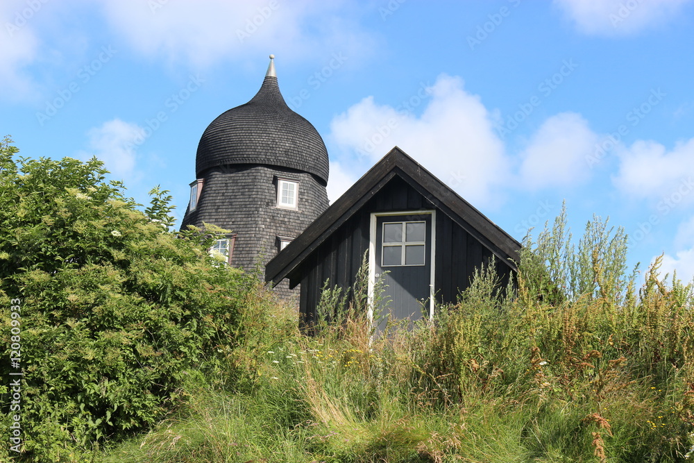 Obraz premium Black wooden houses in the dunes. In the town Lonstrup, on the west coast of Denmark, North Jutland, Europe.