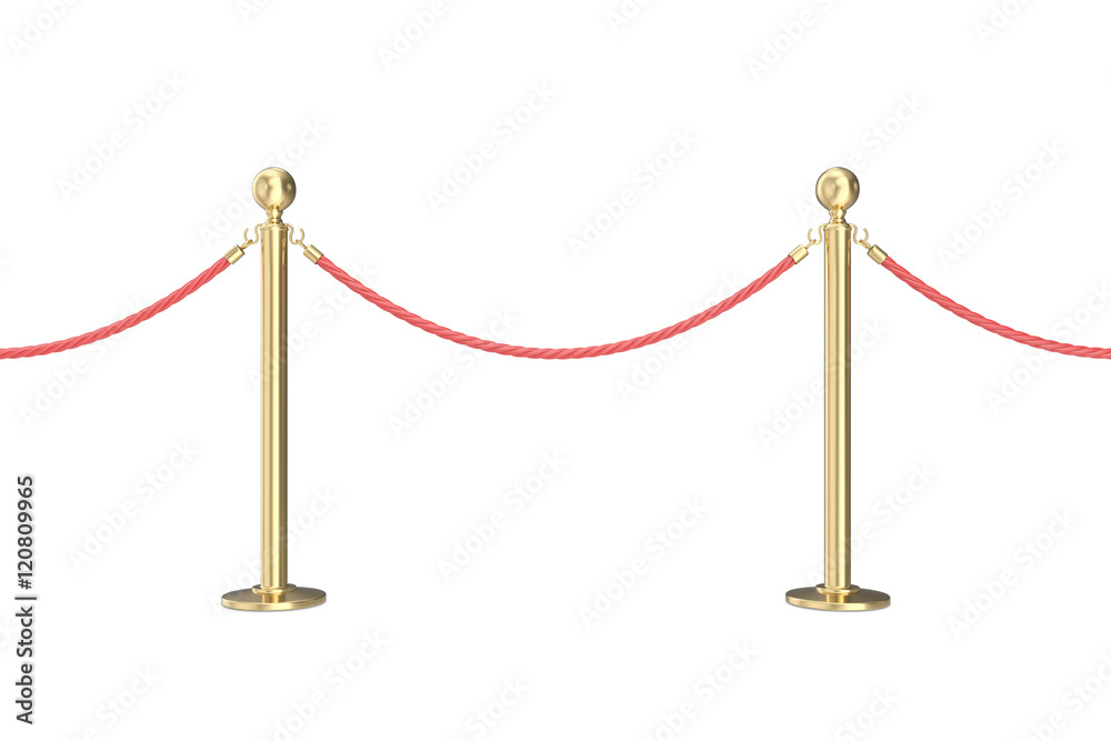 Gold barrier with red rope. 3d illustration isolated on white Gold barrier with red rope. 3d illustration isolated on white
