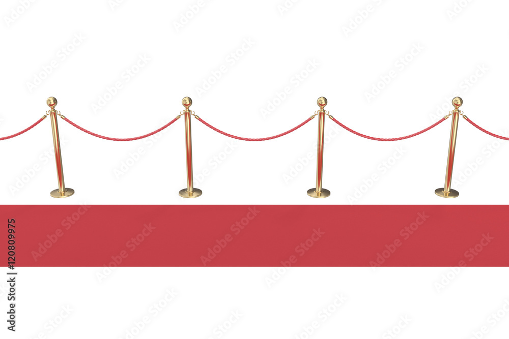 Red carpet with gold barriers isolated on white, view side. 3d illustration Red carpet with gold barriers isolated on white, view side. 3d illustration