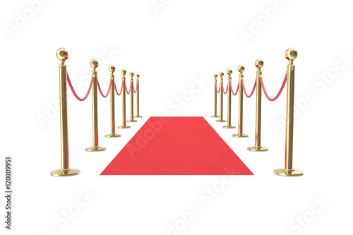 Red velvet carpet in studio with gold barrier. 3d illustration