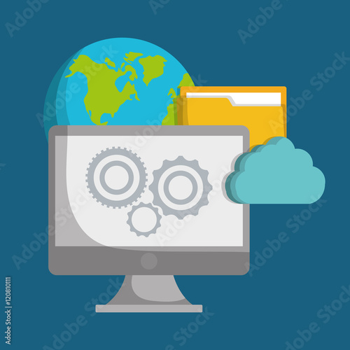 Computer file cloud and planet icon. Data center and web hosting theme. Colorful design. Vector illustration