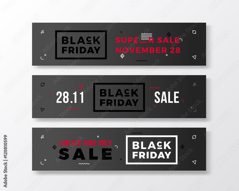 Fototapeta premium Black Friday Swiss Style Minimal Banners Set. White and Red Modern Concept. With Soft Realistic Shadow.