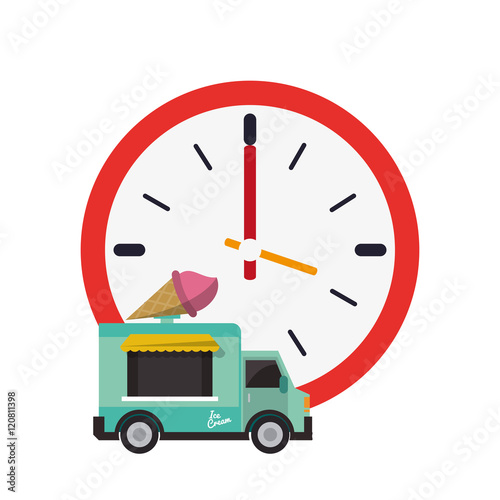 flat design wall clock and ice cream truck icon vector illustration