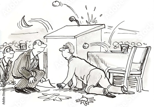 B&W business illustration showing two businessmen crouched behind a podium as the audience throws rotten tomatoes at them.