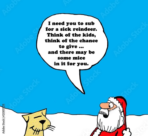 Quadro em tela Color Christmas illustration of Santa Claus asking a cat to be a substitute for one of the reindeer pulling the sleigh