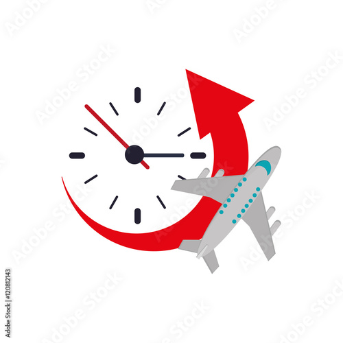 flat design clock with arrow and airplane  icon vector illustration
