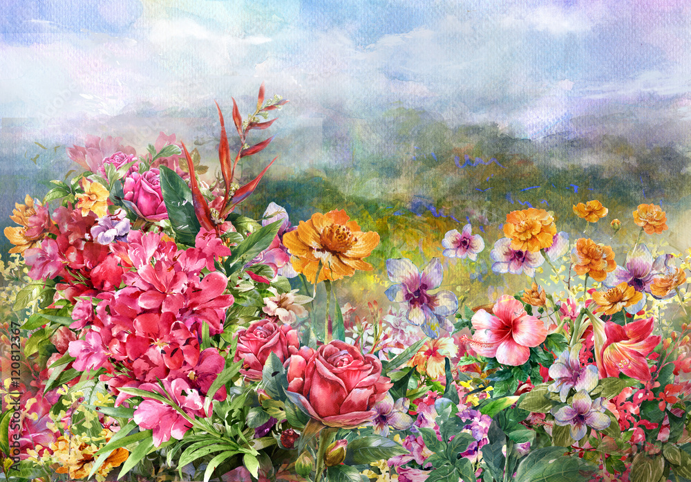 Obraz krajobraz stylu akwarela malarstwo wielobarwne kwiaty