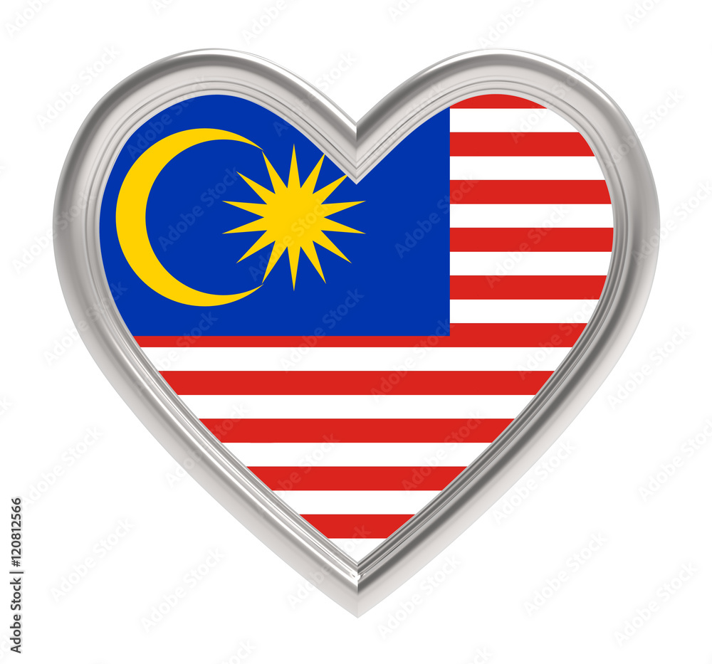 Malaysian flag in silver heart isolated on white background. 3D illustration. Malaysian flag in silver heart isolated on white background. 3D illustration.