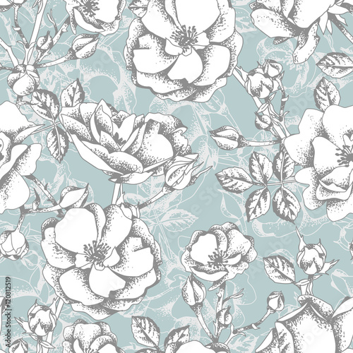Wallpaper Mural Sketched Roses Seamless Pattern on a Turquoise Background Torontodigital.ca