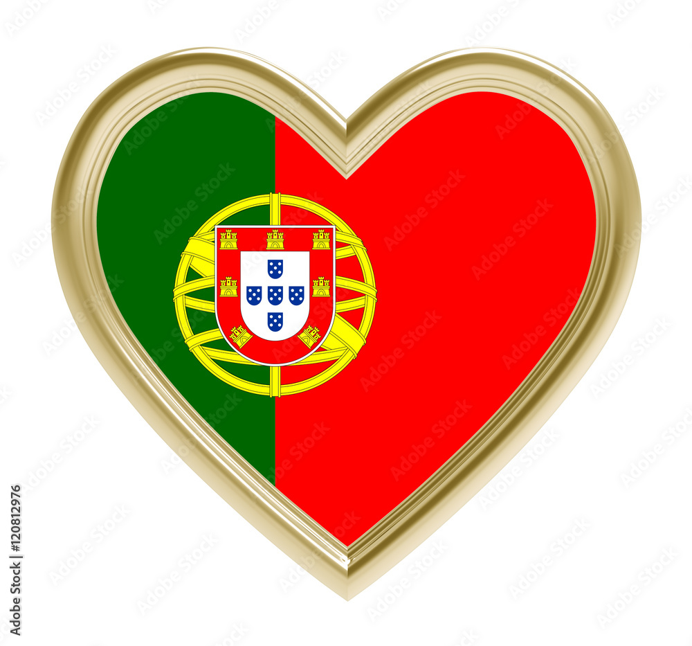 Portuguese flag in golden heart isolated on white background. 3D illustration. Portuguese flag in golden heart isolated on white background. 3D illustration.