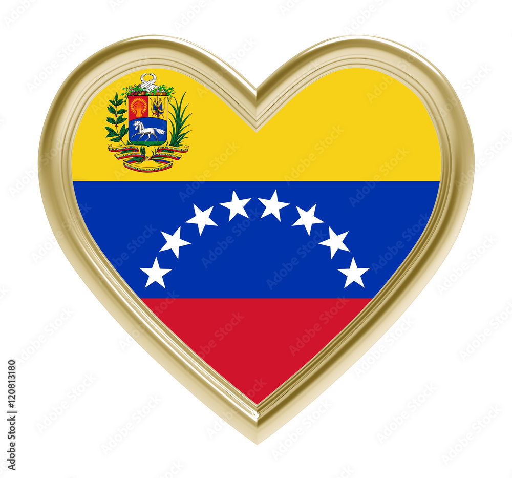 Venezuelan flag in golden heart isolated on white background. 3D illustration. Venezuelan flag in golden heart isolated on white background. 3D illustration.