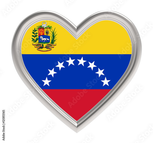 Venezuelan flag in silver heart isolated on white background. 3D illustration.
