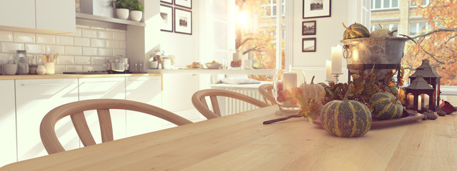 nordic kitchen in an apartment. 3D rendering. thanksgiving concept.