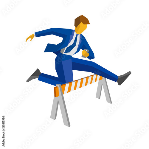 Businessman with smartphone jump over road barrier