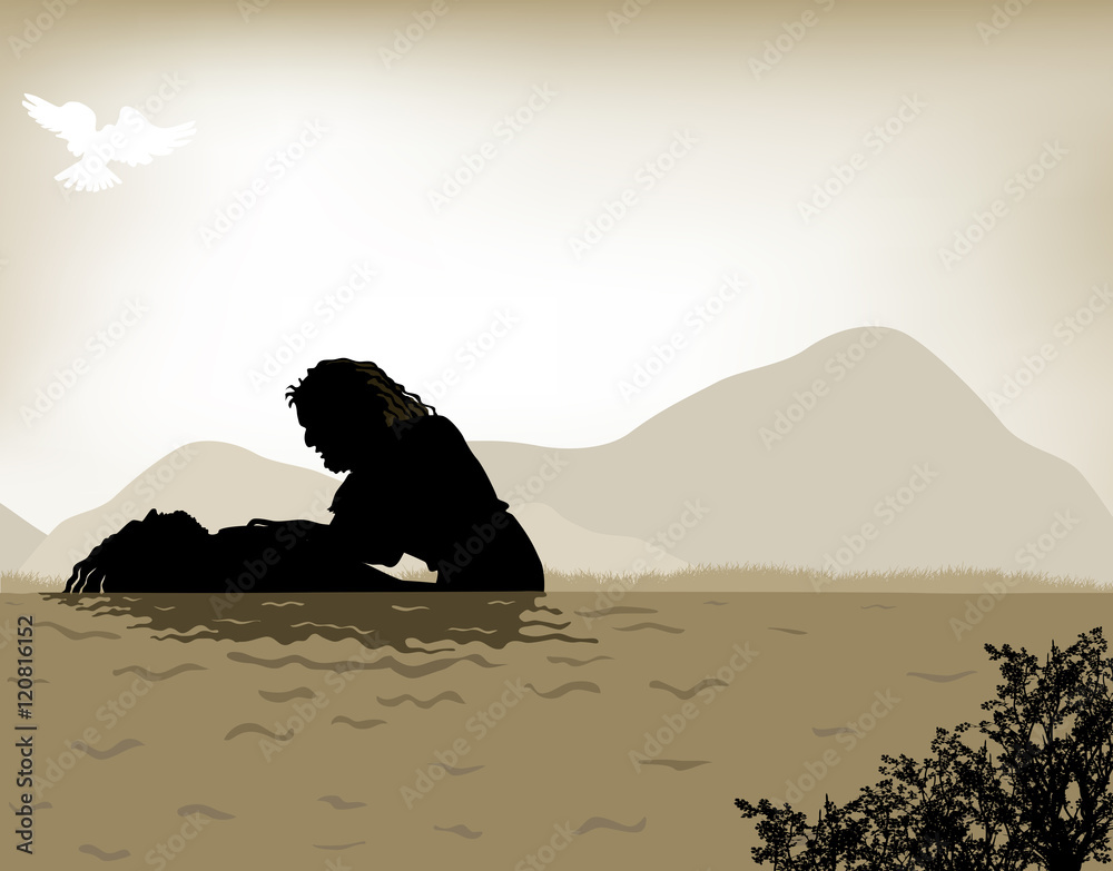 John the Baptist baptizes Jesus, vector illustration done with warm ...