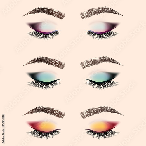 Set of eye makeup. Closed eye with long eyelashes and eyebrows. Vector illustration.