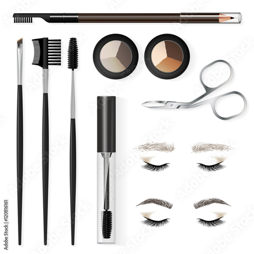 A set of tools and accessories for the care of the eyebrows. Brushes, combs, eyebrow pencil, brow powder, brow gel, tweezers. Example of eyebrows - before and after care. Vector illustration