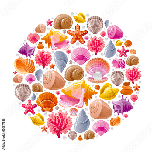 Sea travel icon set with underwater diving animals - seashell, scallop, mollusk shell and more marine shells icons. Vector illustration abstract template. Elegant modern style, white background.