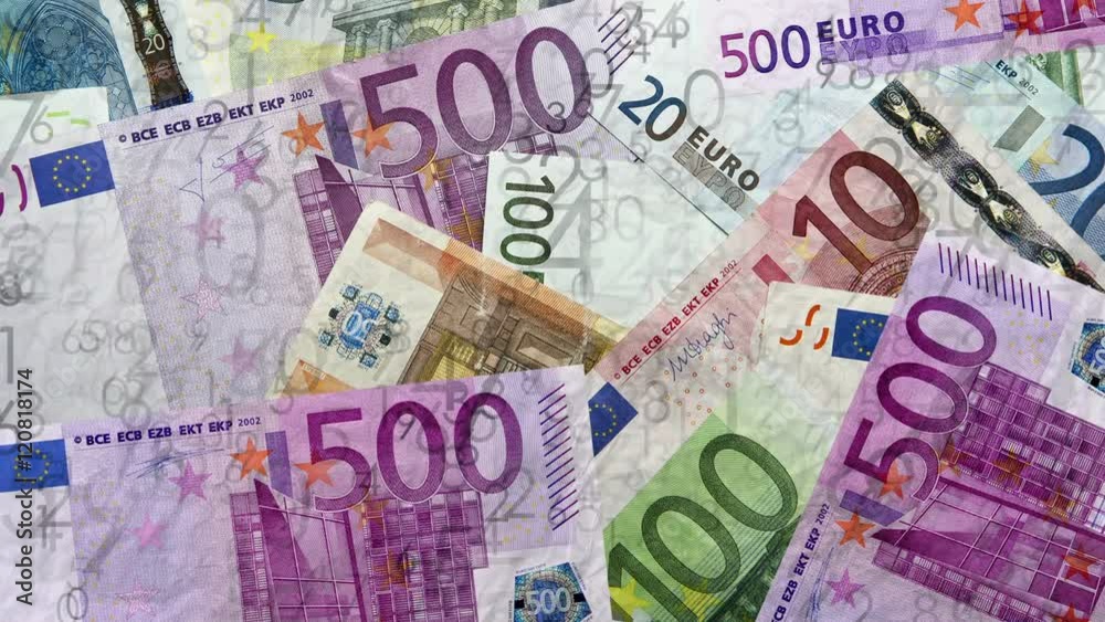 Euro bills, money abstract background. Money concept, numbers motion above bills of Euro currency. Financial, numbers, business abstract loop seamless background. Euro bills, money abstract background. Money concept, numbers motion above bills of Euro currency. Financial, numbers, business abstract loop seamless background.