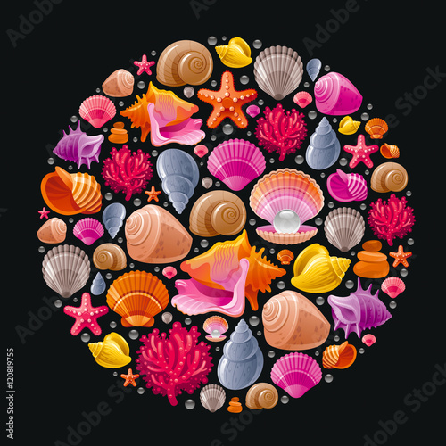 Sea travel icon set with underwater diving animals - seashell, scallop, mollusk shell and more marine shells icons. Vector illustration abstract templte . Elegant modern style, black background.