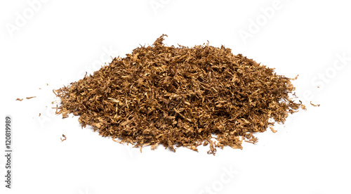 Heap of dry soft Pipe Tobacco top view on white Background