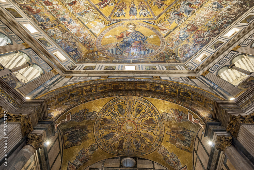 The mosaic ceiling in the Battistero di San Giovanni or Baptistery of Saint John the Baptist in Florence, Italy
